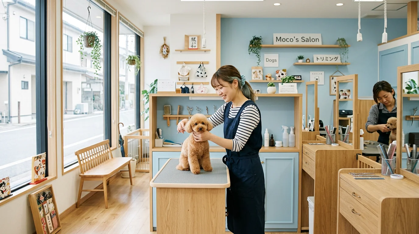 トリミング台で小型犬の毛を整えるトリマーの手元