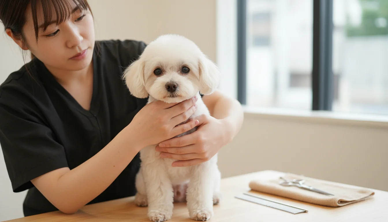 トリマーが小型犬の体をやさしく支えながら手入れしている様子