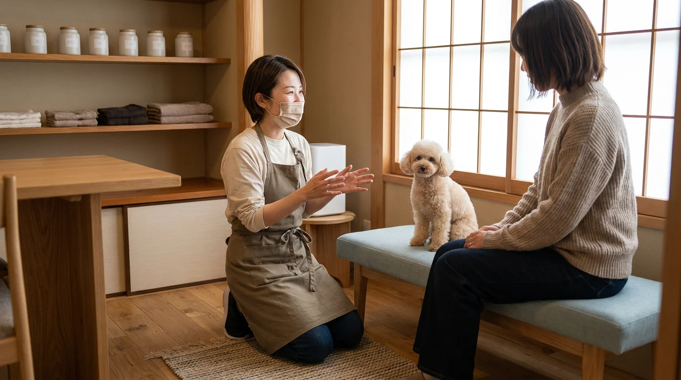 受付カウンターで小型犬の飼い主とトリマーが話すカウンセリングの様子