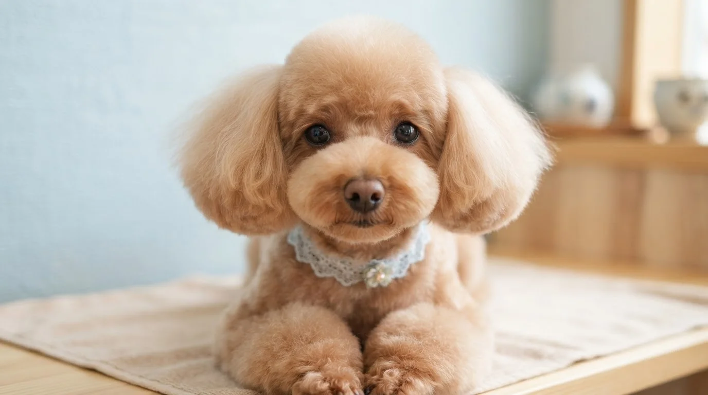 トリミング後に穏やかな表情で座る小型犬