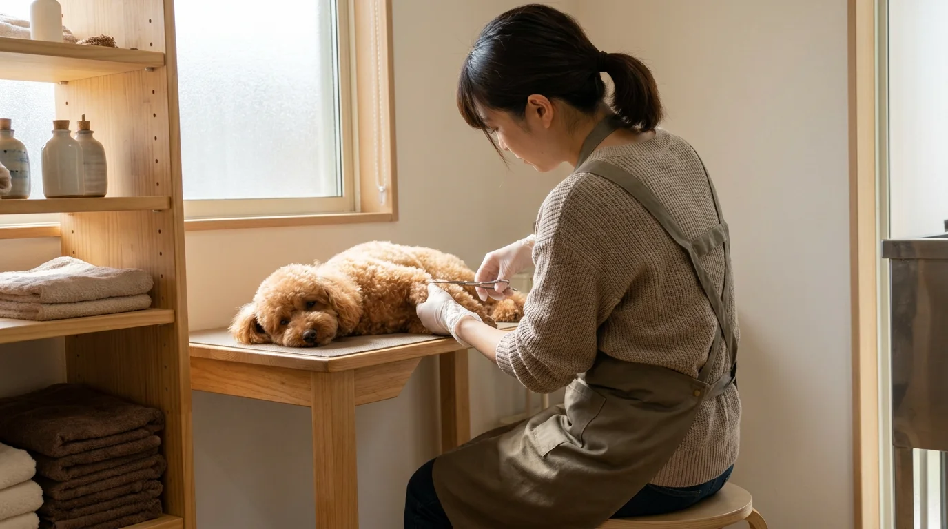 犬の足先を整えながら細部を確認するトリマーの手元
