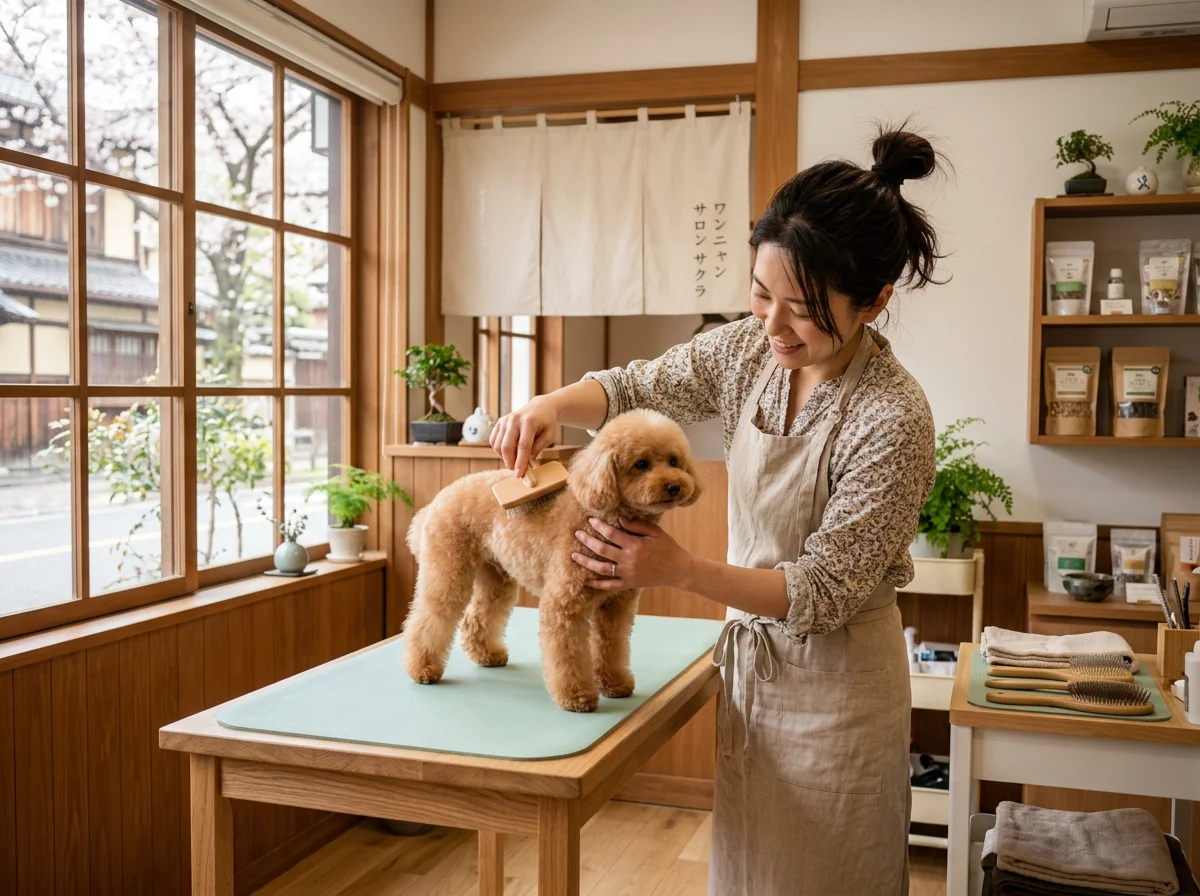 トリマーが小型犬の全身を確認しながらブラッシングしている様子